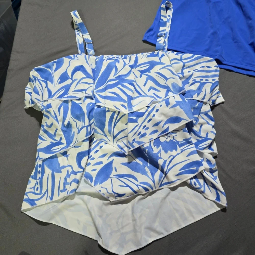 Susan Graver Tankini Swimsuit Set Women 26W Blue White Ruffle Tropical Skirt